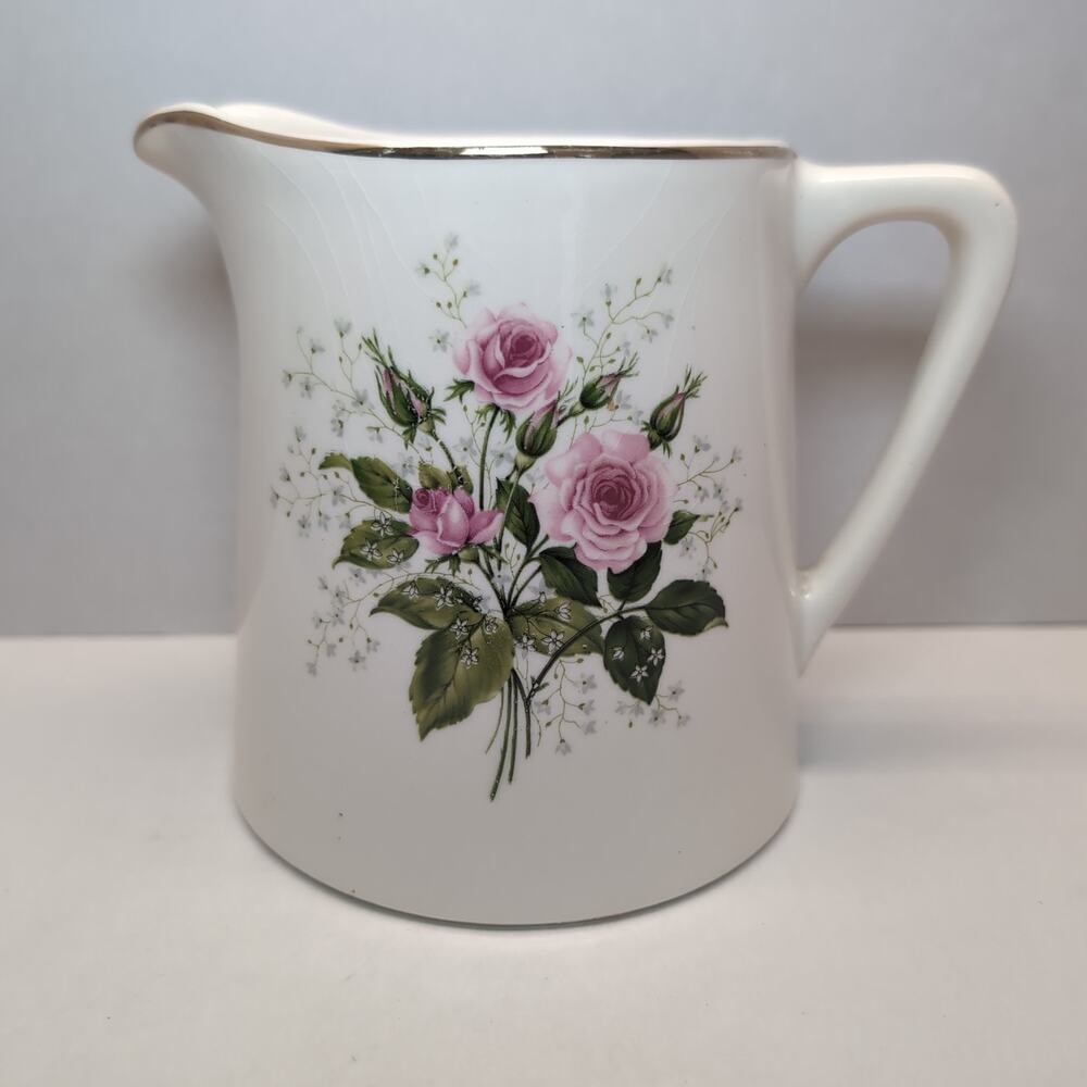 Vintage Sabin China Cathy Rose‎ Pitcher Smooth Edge Gold Trim